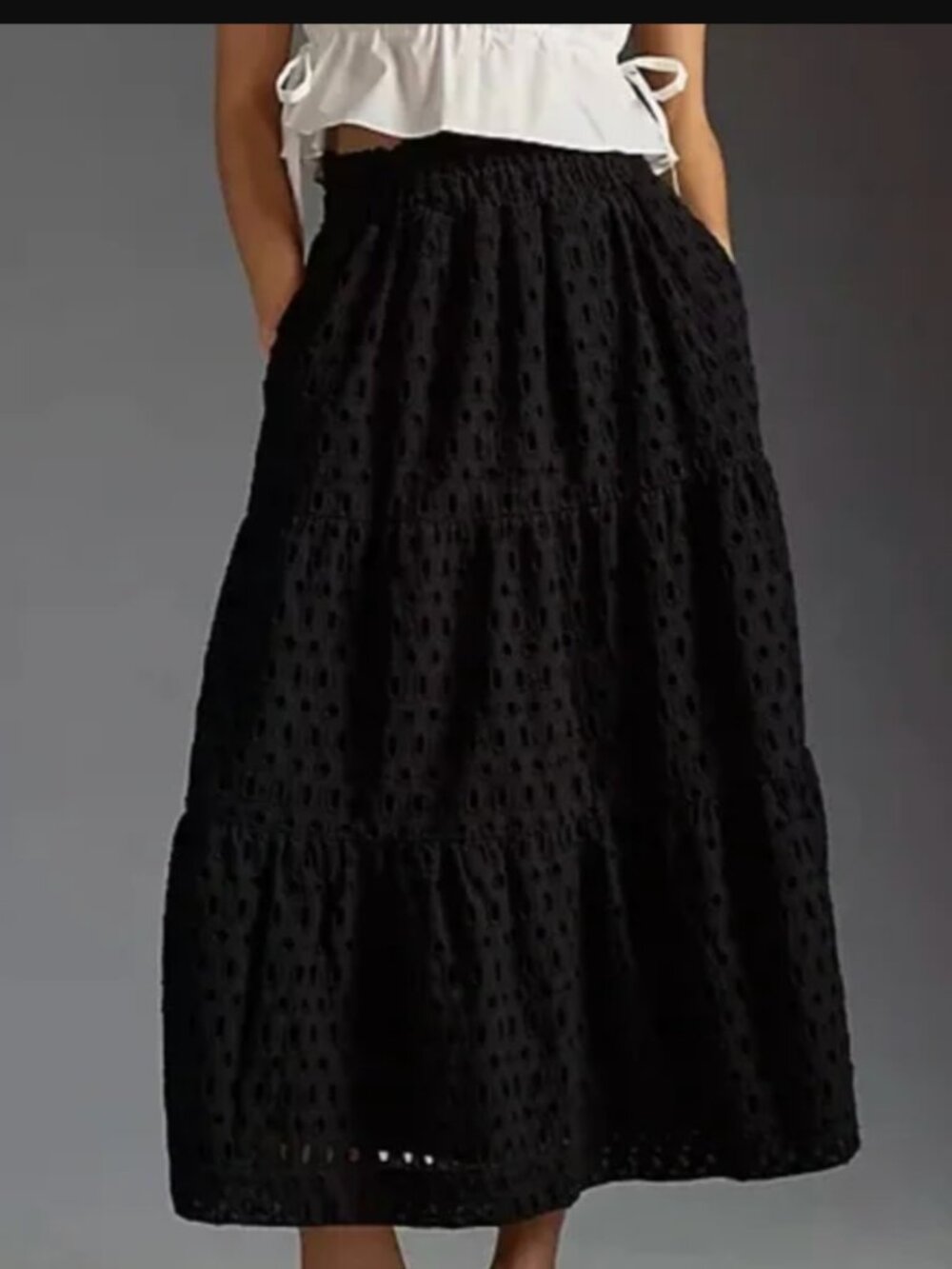 ANTHROPOLOGIE Black Sumerset Eyelet Maxi Skirt with Pockets - Large NWT